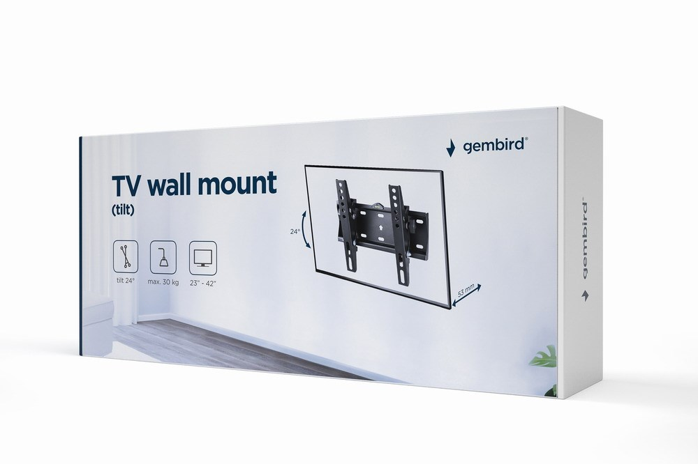Box for a tiltable TV wall mount by Gembird, showing features and specs.