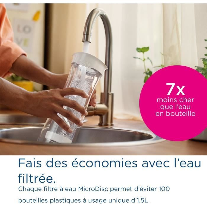 L'acqua riempie una caraffa filtrante sotto un rubinetto.