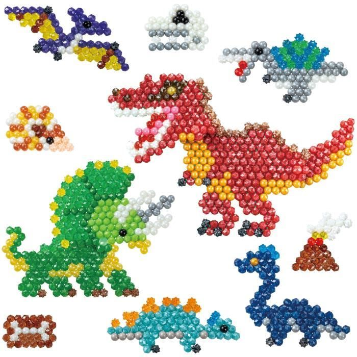 Bunte Perlen-Dinosaurier und ein Vulkan auf weißem Hintergrund.