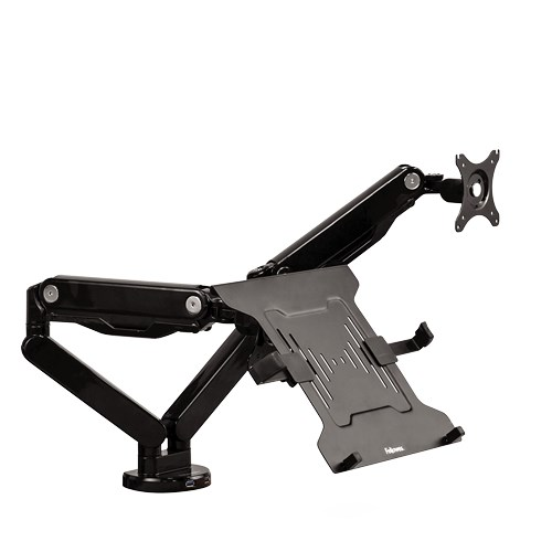 Un supporto nero per laptop e monitor a doppio braccio con bracci articolati.