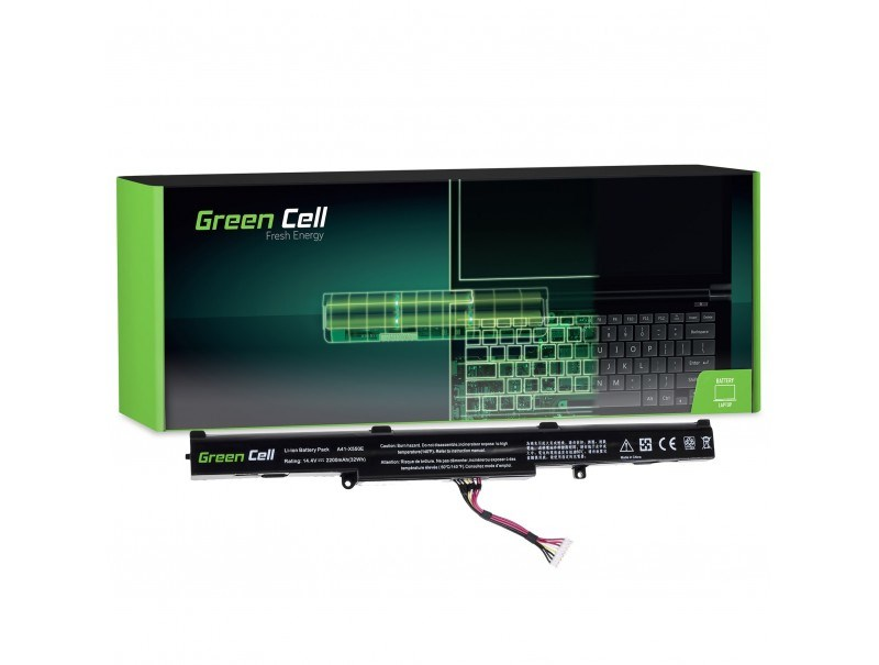 Green Cell Laptop-Akku und Verpackung. Der Akku ist schwarz mit Kabeln. Die Box zeigt eine Laptop-Tastatur.