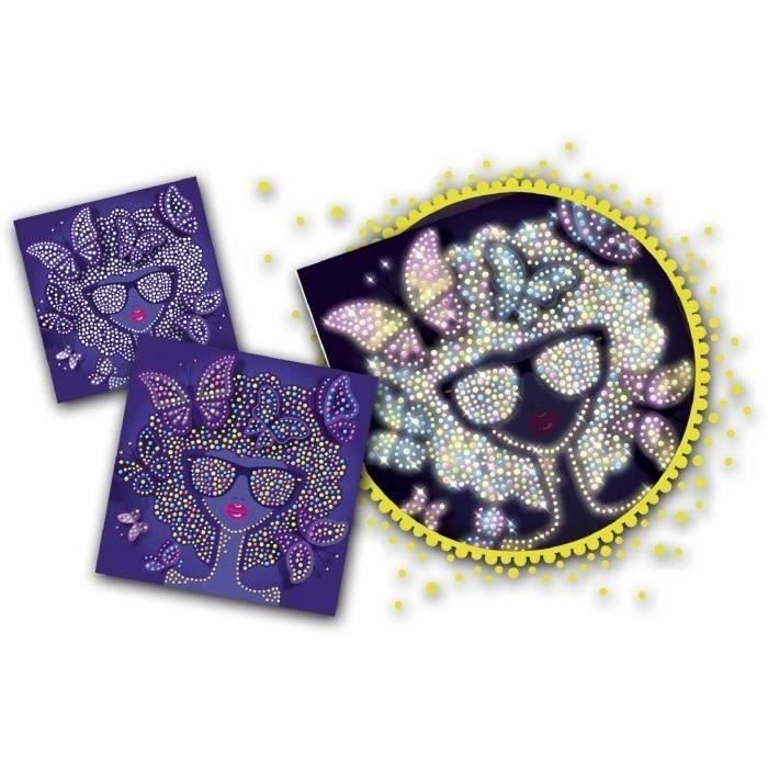 Kits de pintura de diamantes: mujer brillante con gafas de sol y mariposas sobre fondo morado.