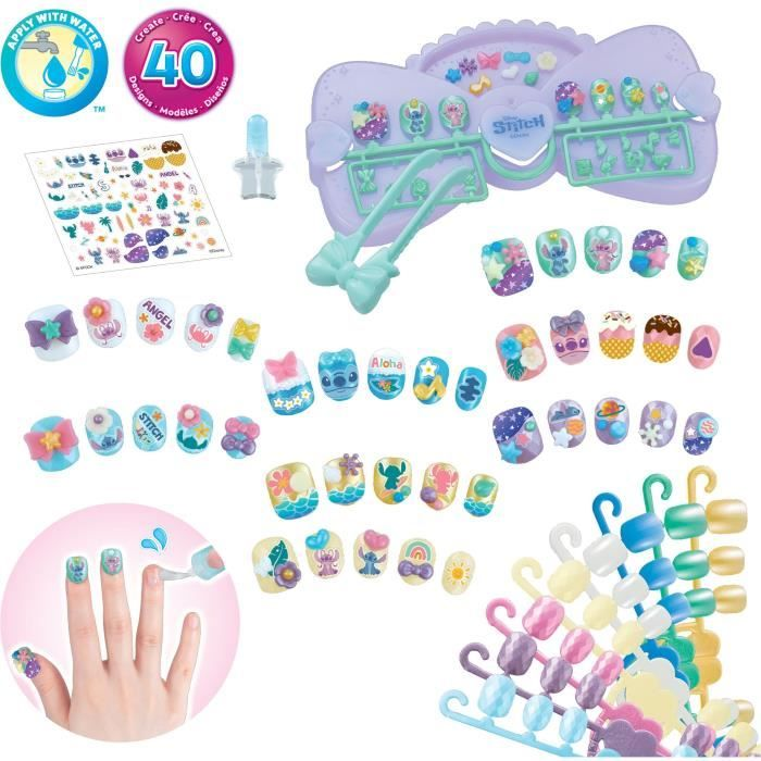 Un kit de arte de uñas temático de Stitch con uñas postizas, pegatinas y herramientas.