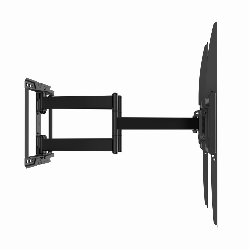 Un supporto da parete TV nero con braccio articolato esteso.