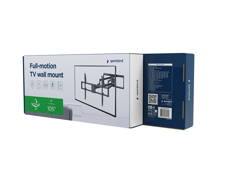 Caja de un soporte de pared para TV de movimiento completo, con especificaciones.