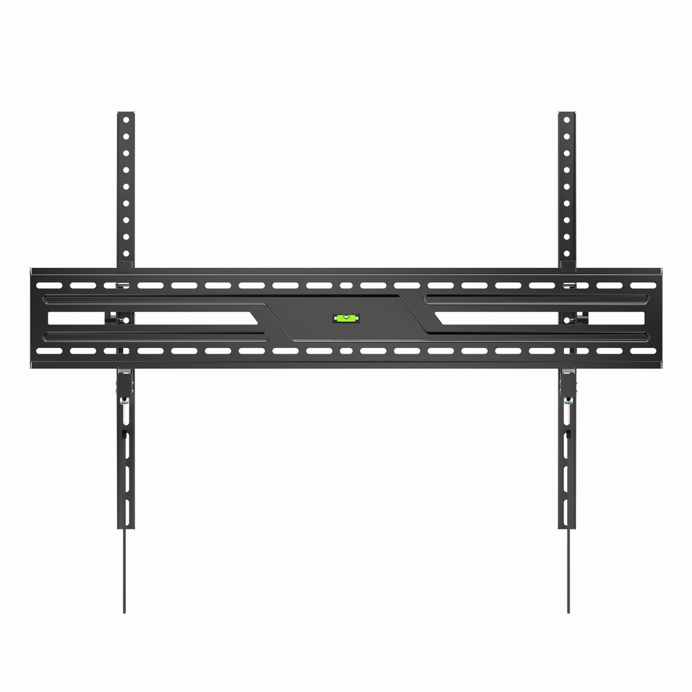 Black wall mount with a level and adjustable arms on a white background.