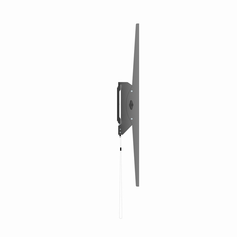 Side view of a gray TV wall mount with a thin white cord hanging down.