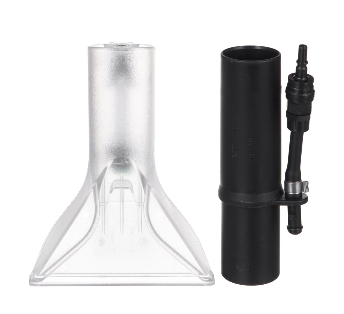 Un ugello trasparente e un tubo nero con connettore per tubo su sfondo bianco.