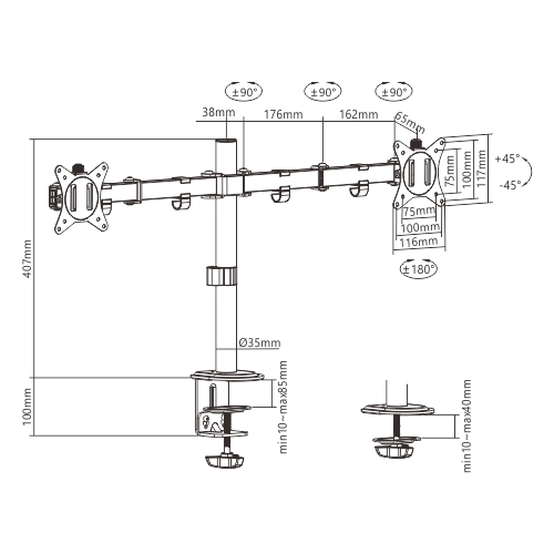 Technical drawing of a monitor arm with dimensions and angles.