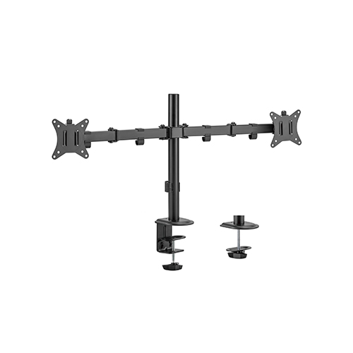 Black dual monitor stand with clamp base and adjustable arms.