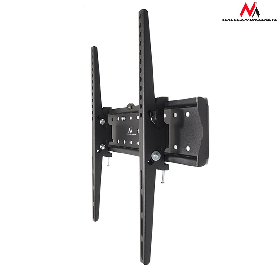 Un supporto da parete per TV in metallo nero con bracci regolabili e staffa centrale.