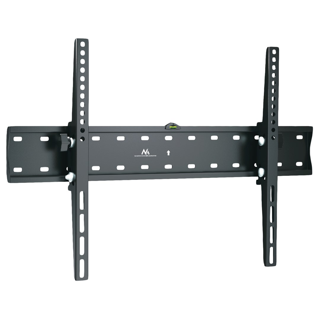 Supporto da parete TV nero con bracci regolabili e livella.