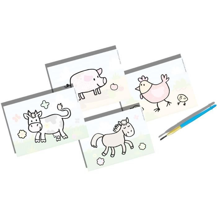 Animali della fattoria su cartoncini: mucca, maiale, gallina, cavallo. Un pennello.