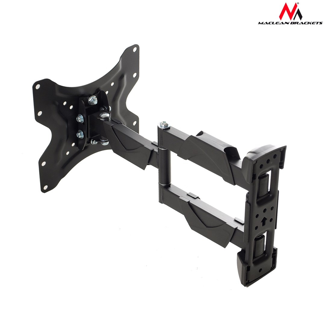 Black, swiveling TV wall mount with extendable arm, on a white background.