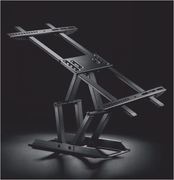 A black metal easel with adjustable arms and a sturdy base, against a dark background.