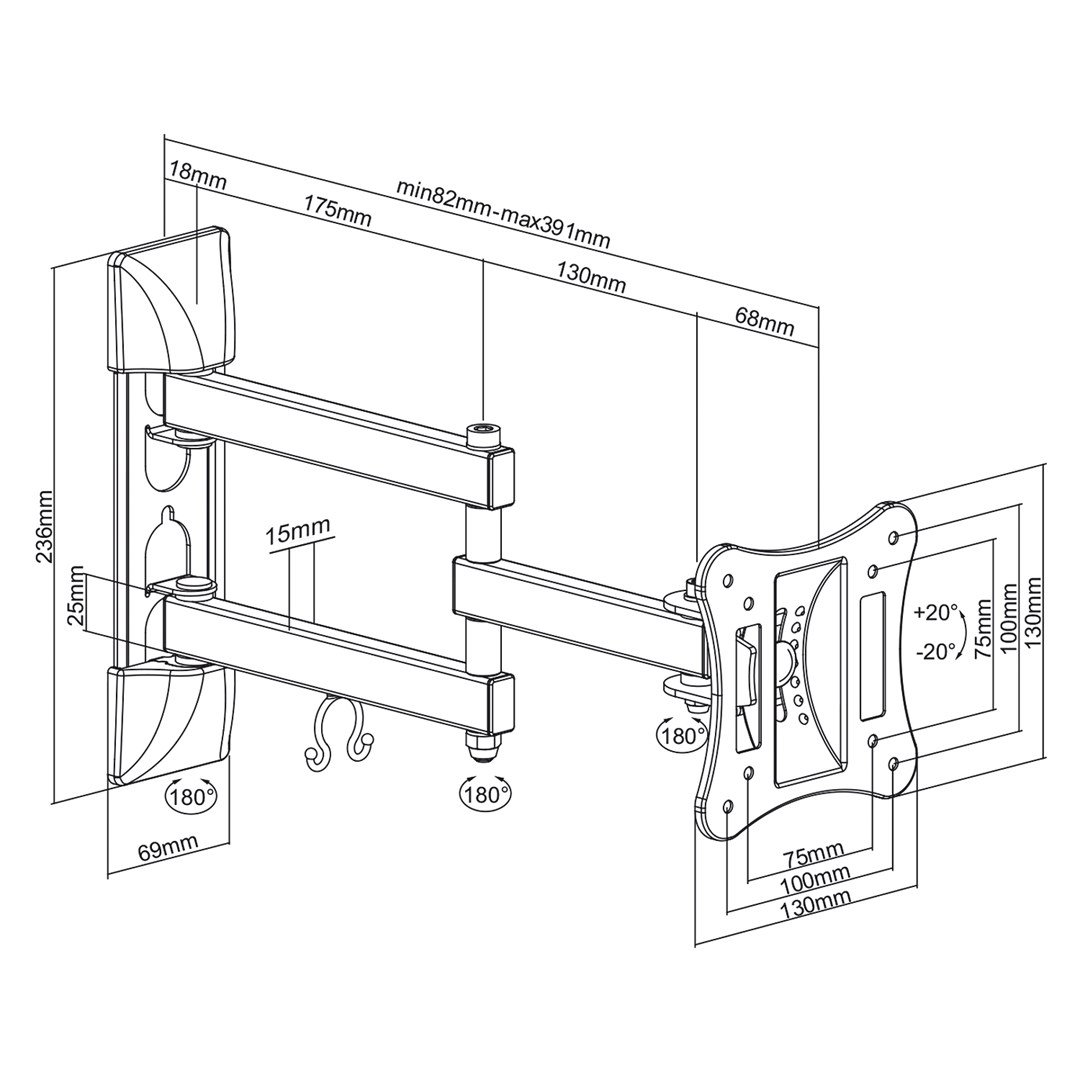 Dessin technique d'un support mural pivotant avec dimensions.