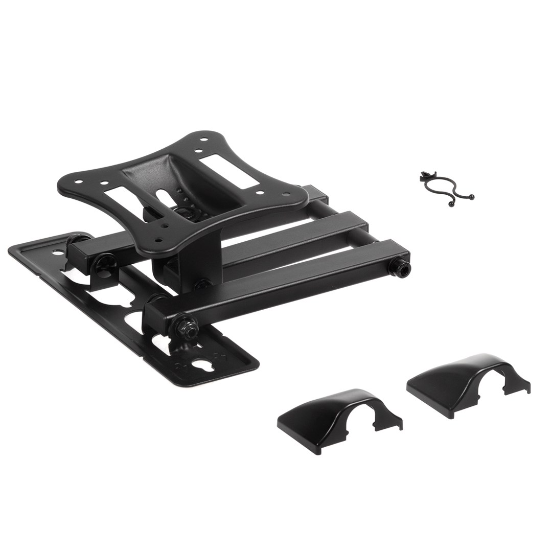 Support mural TV noir avec accessoires sur fond blanc.
