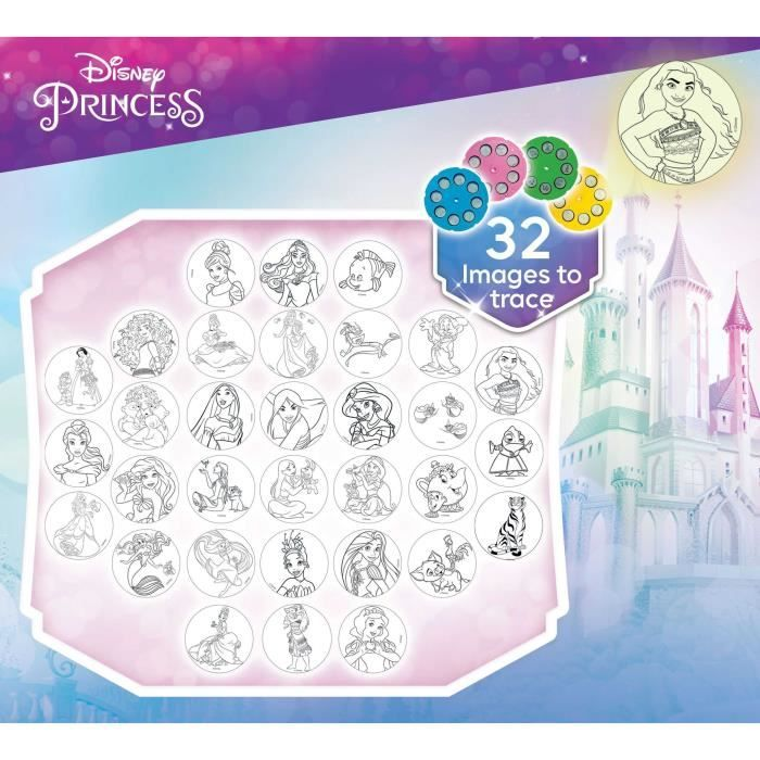 Zestaw Disney Princess z 32 obrazkami do odrysowania, tło zamku.
