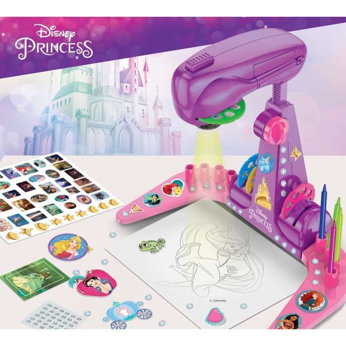 Projektor Disney Princess z naklejkami i kartkami do rysowania.