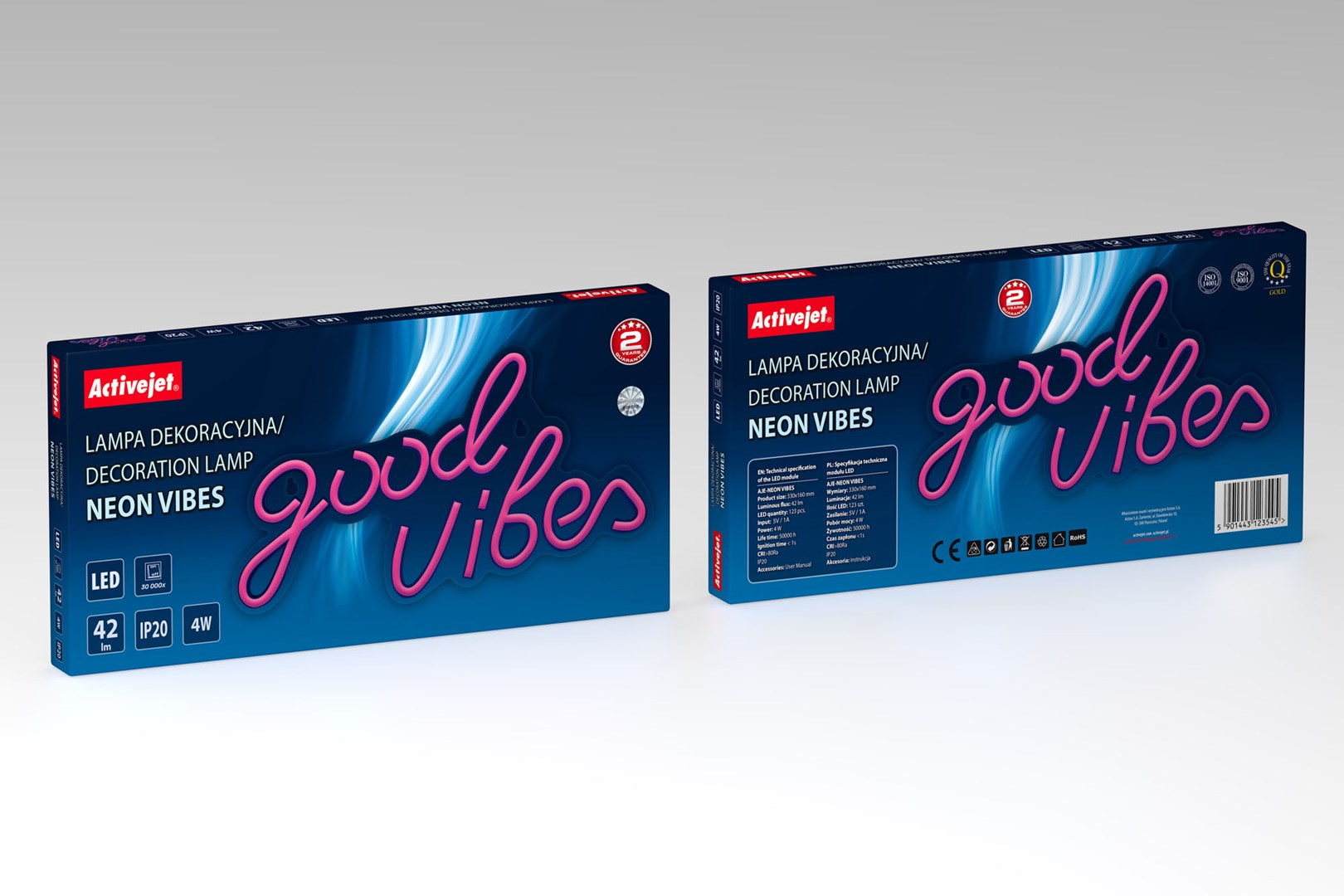 Two boxes for an Activejet Neon Vibes decoration lamp, featuring pink script and technical details.