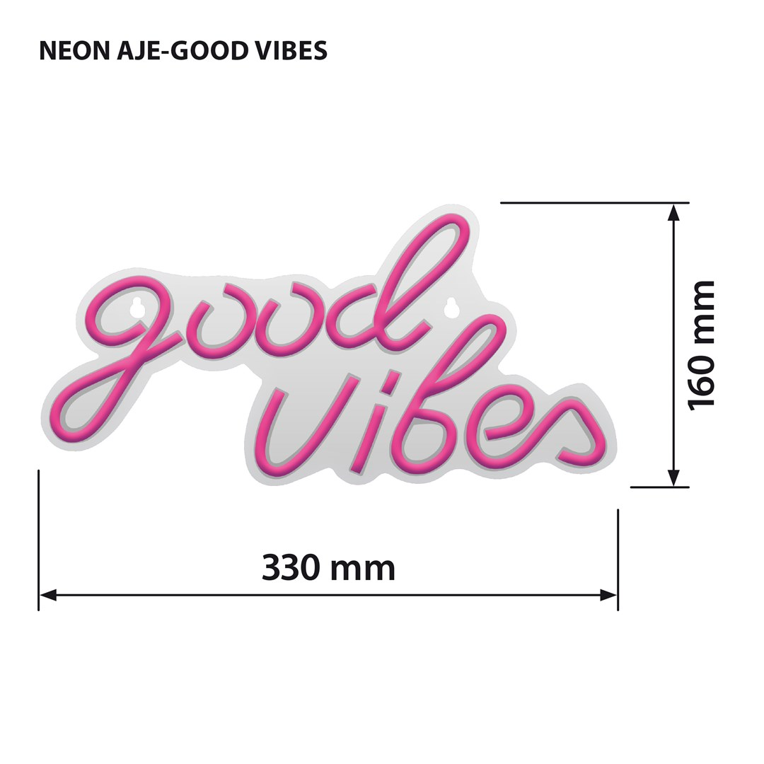 Pink neon sign spelling "Good Vibes" with dimensions 330mm x 160mm.