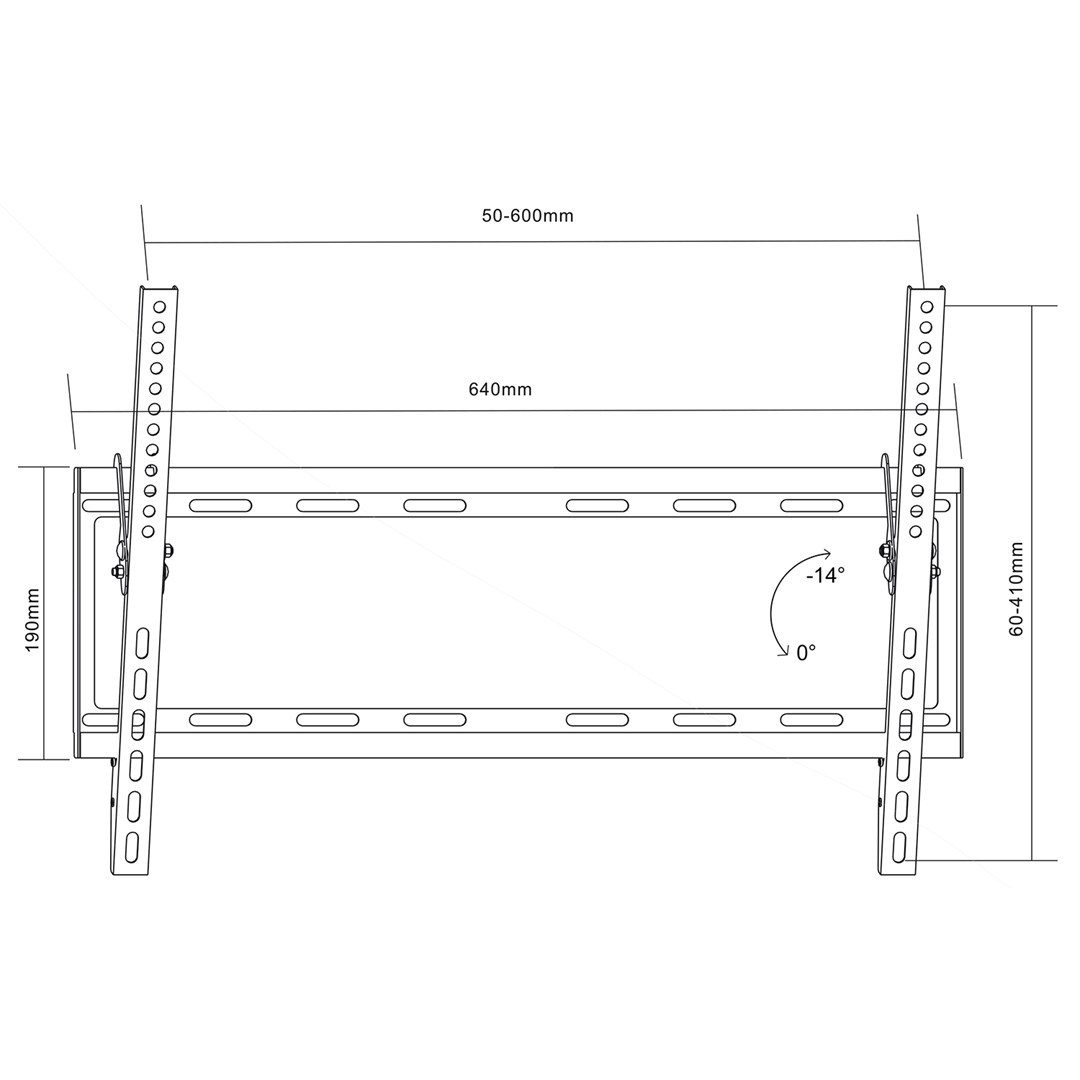 Disegno tecnico di un supporto da parete per TV con dimensioni.