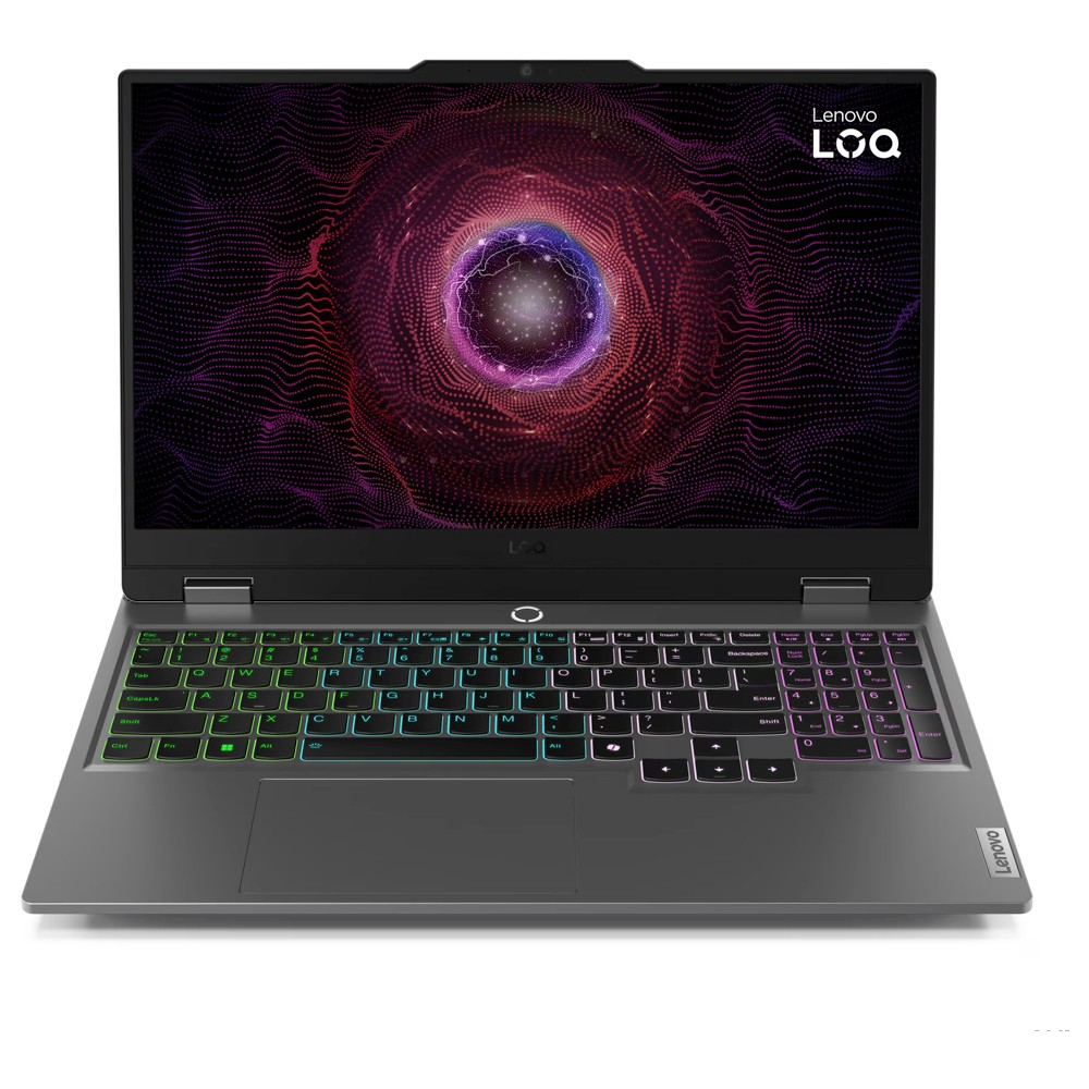 Renkli girdaplı ekrana ve RGB klavyeye sahip gri bir Lenovo LOQ oyuncu dizüstü bilgisayarı.