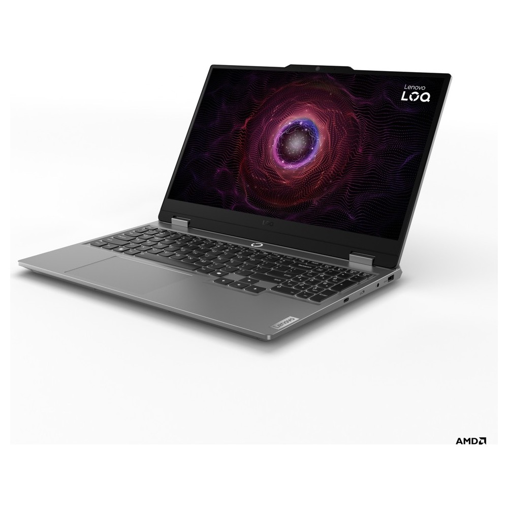 Ekranında parlak soyut duvar kağıdı olan gri Lenovo dizüstü bilgisayar.
