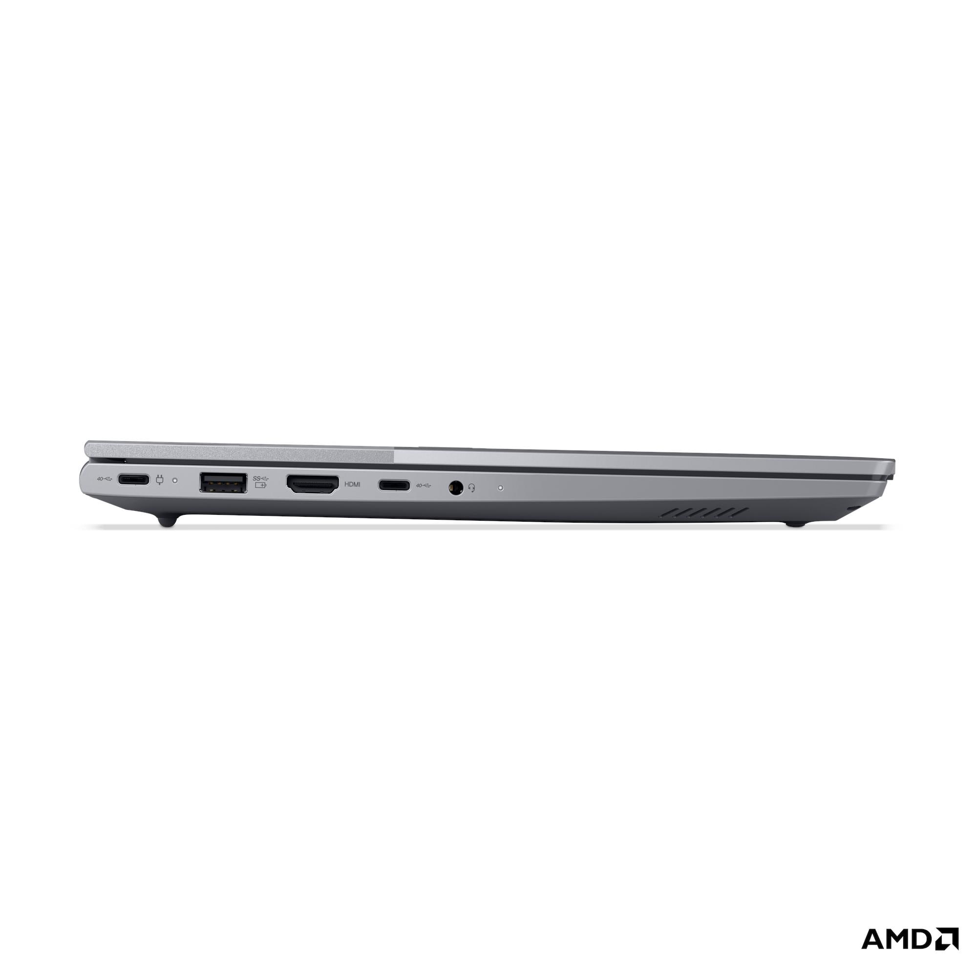 Profilo laptop grigio con porte: USB-C, HDMI, jack cuffie.