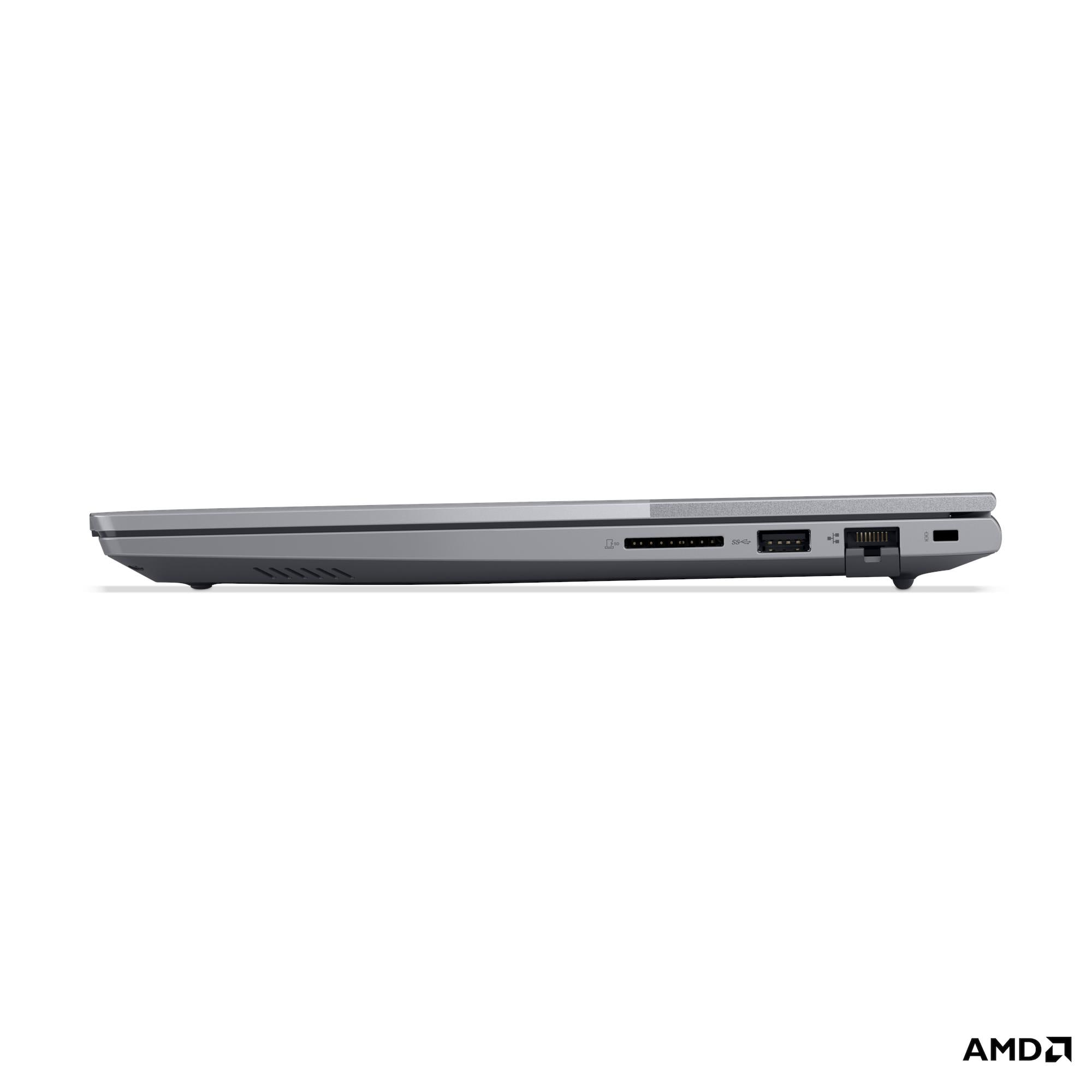 Laptop grigio, vista laterale con porte: lettore di schede SD, USB-A, Ethernet, HDMI.