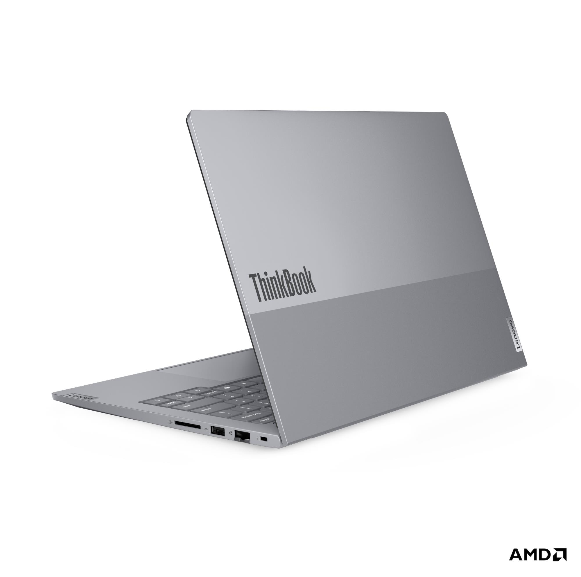 Un laptop Lenovo ThinkBook grigio con tastiera e porte, su sfondo bianco.