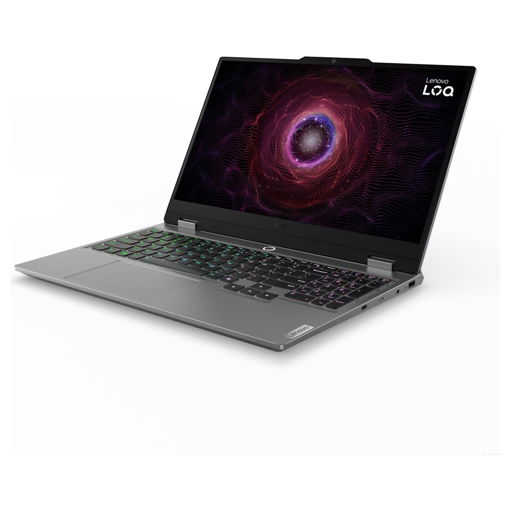 Arkadan aydınlatmalı klavyeli ve ekranda soyut grafik bulunan gri Lenovo dizüstü bilgisayar.