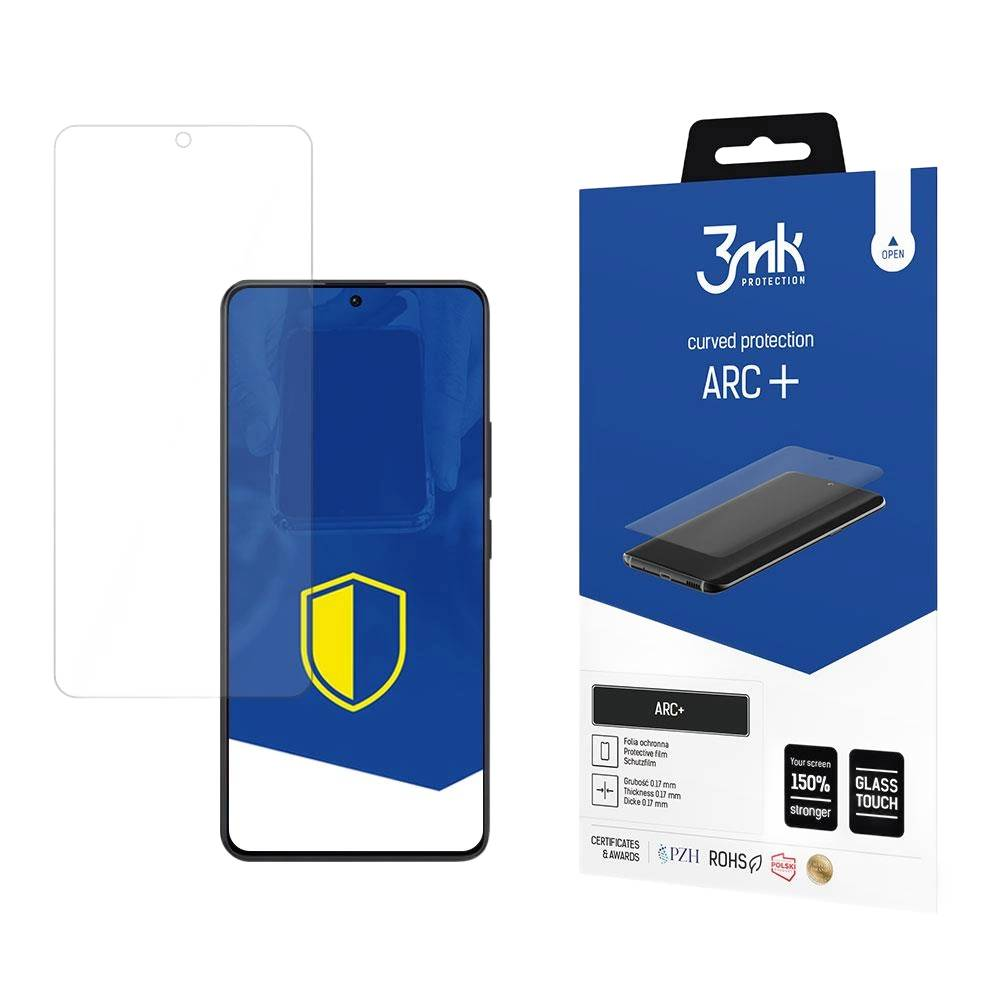 Confezione e pellicola protettiva per smartphone. Scatola blu con logo.