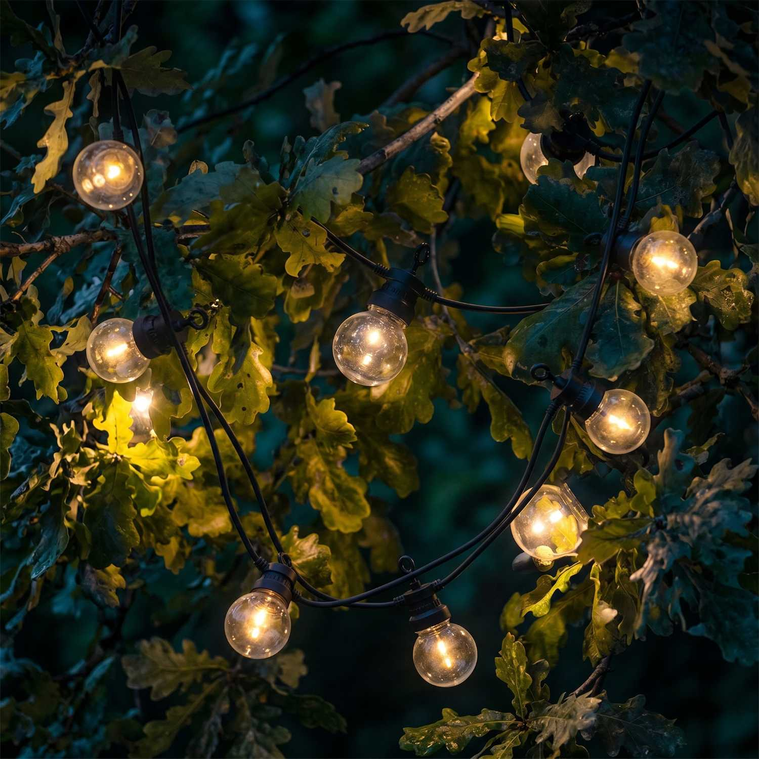 Lichterkette mit Glühbirnen, die sich durch Eichenblätter schlängeln.