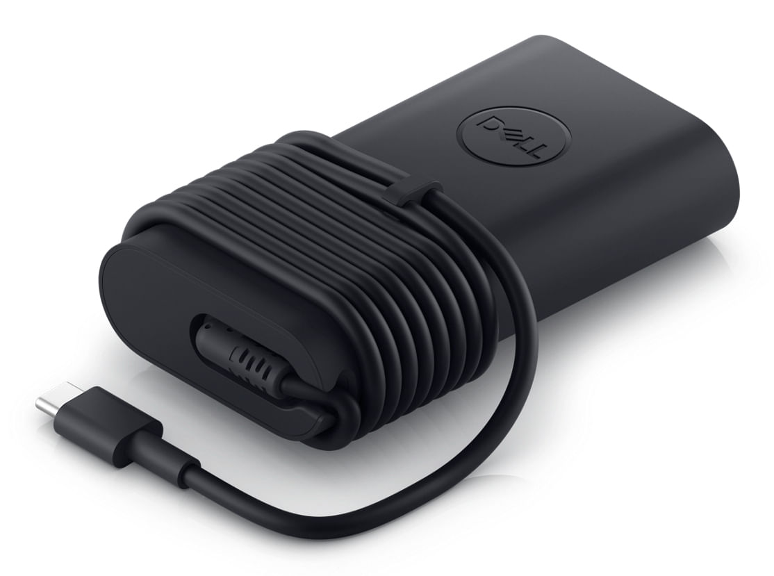 Black Dell power adapter with coiled USB-C cable.