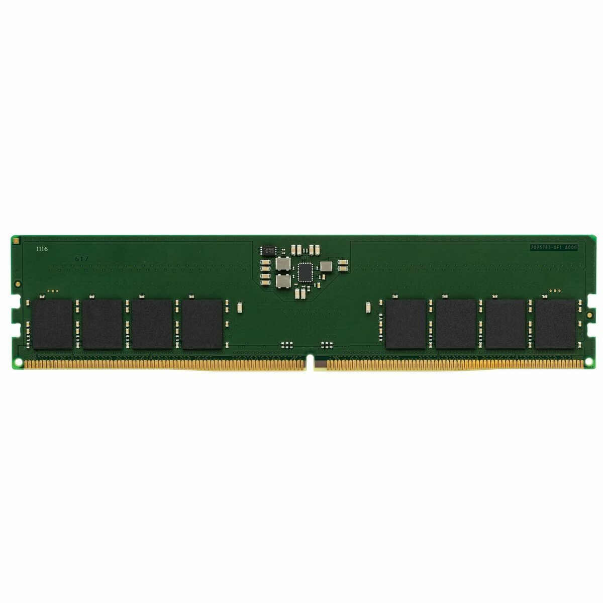 Ein grünes RAM-Modul mit schwarzen Speicherchips und goldenen Kontakten.