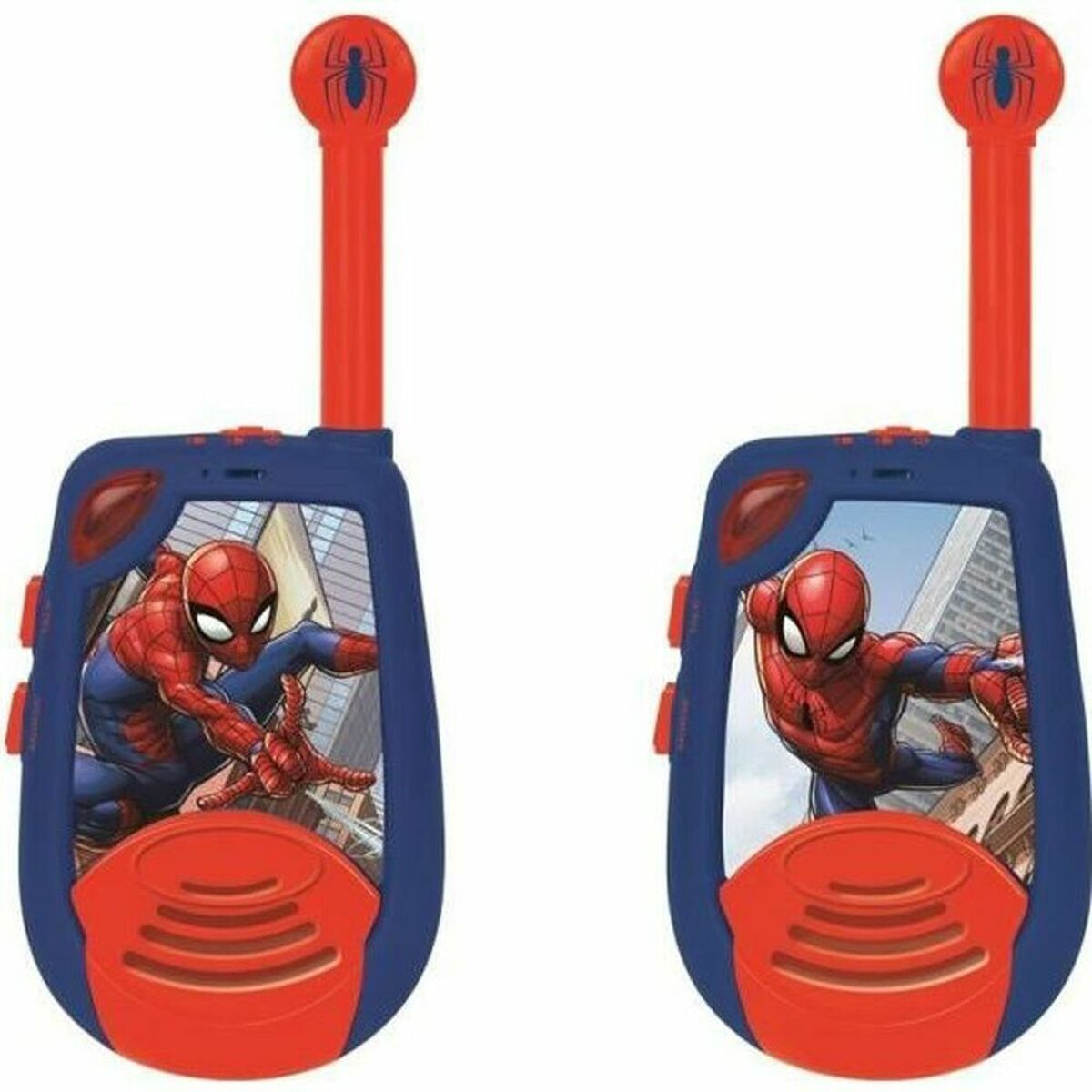 Dos walkie-talkies de juguete azul y rojo con gráficos de Spiderman.
