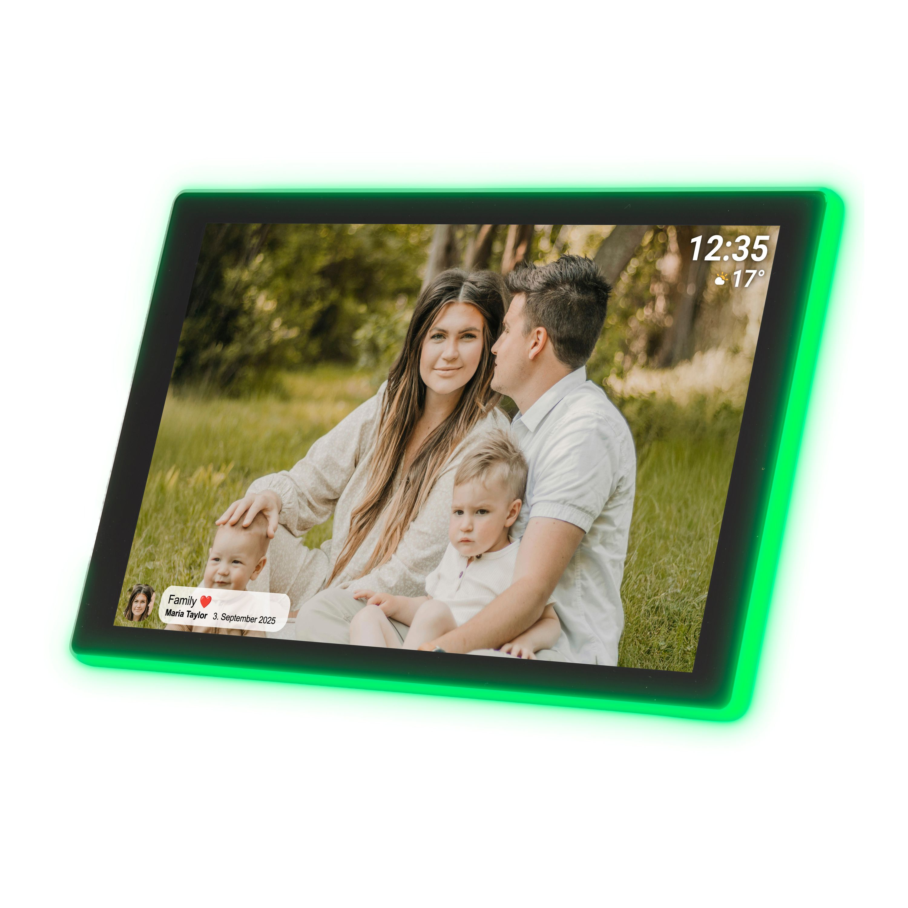 A digital photo frame displays a family outdoors with time and weather.