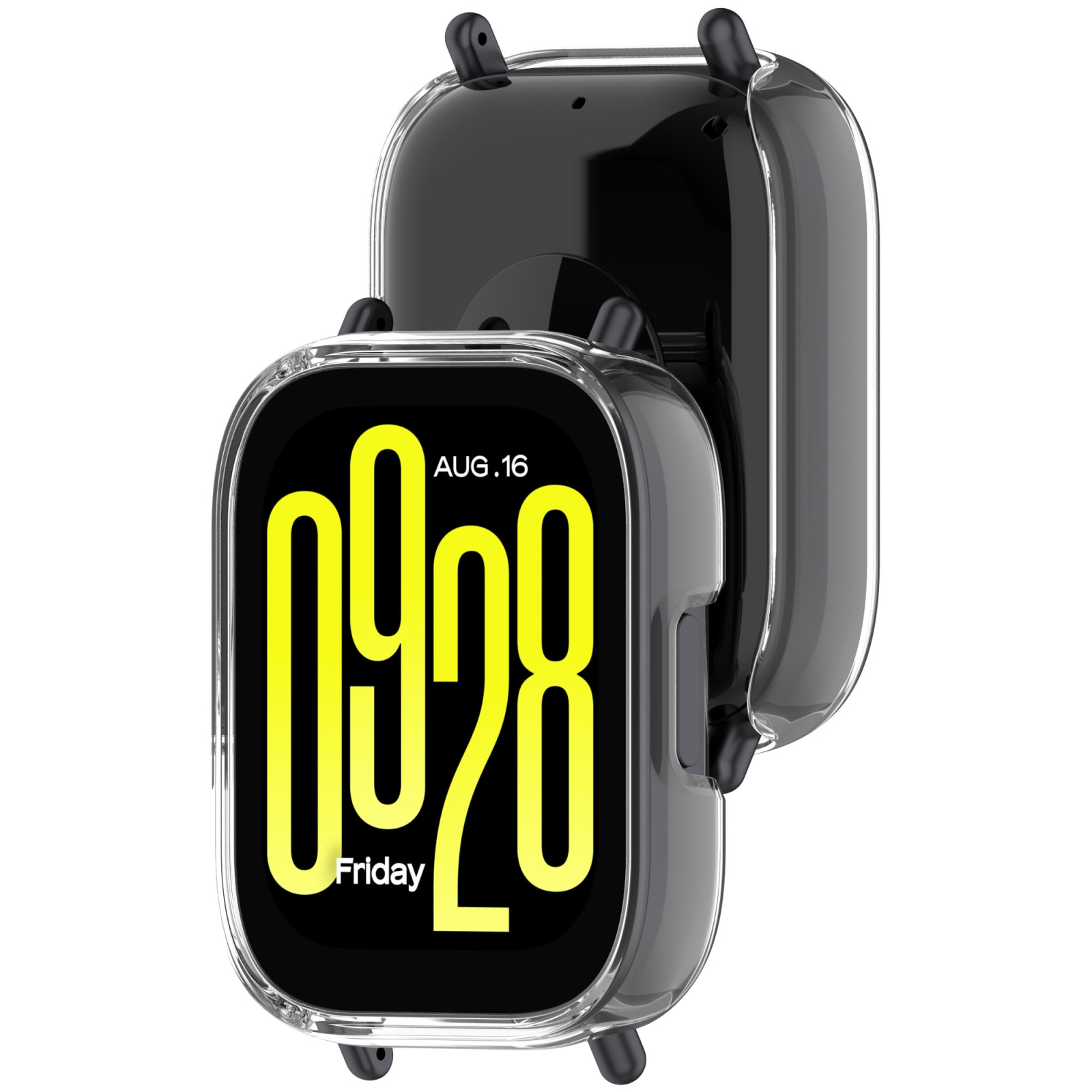 Uno smartwatch nero in custodia trasparente che mostra le 09:28 e venerdì.