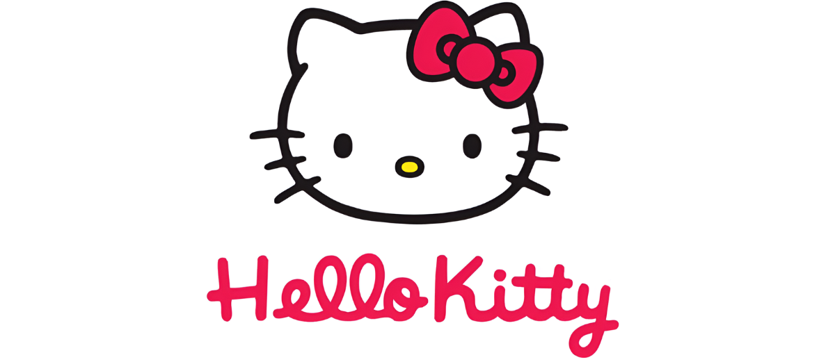 Viso di Hello Kitty con fiocco e testo.