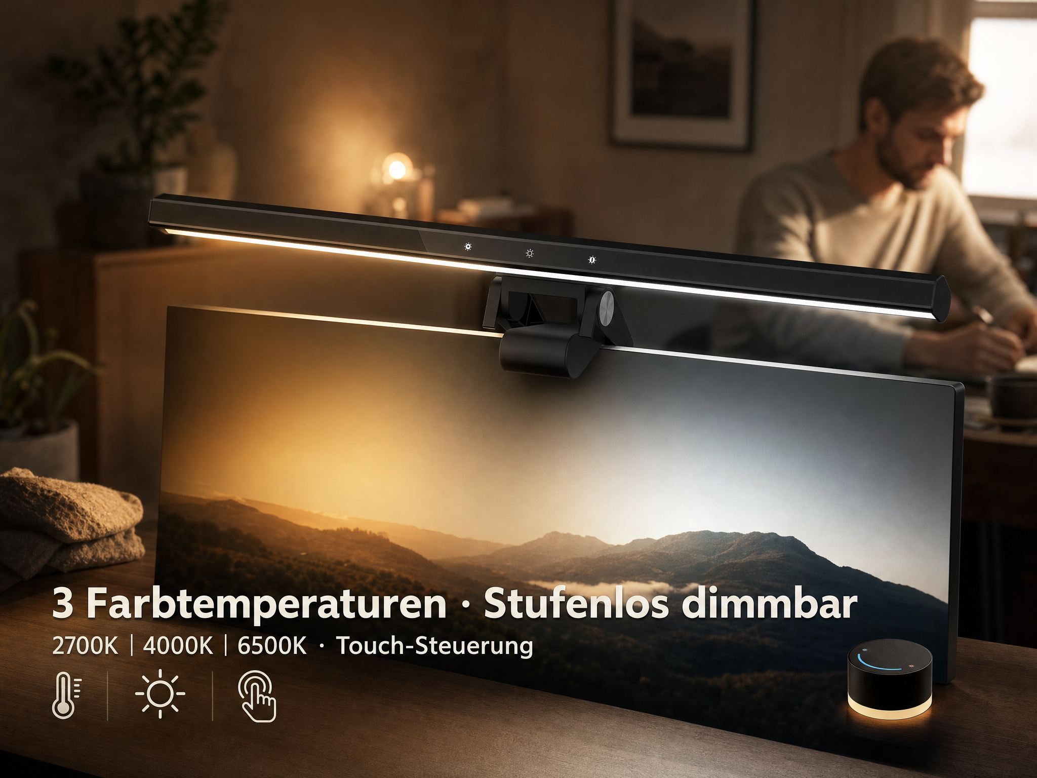 Schreibtischlampe über Monitor, Mann im Hintergrund, Landschaftsbild.