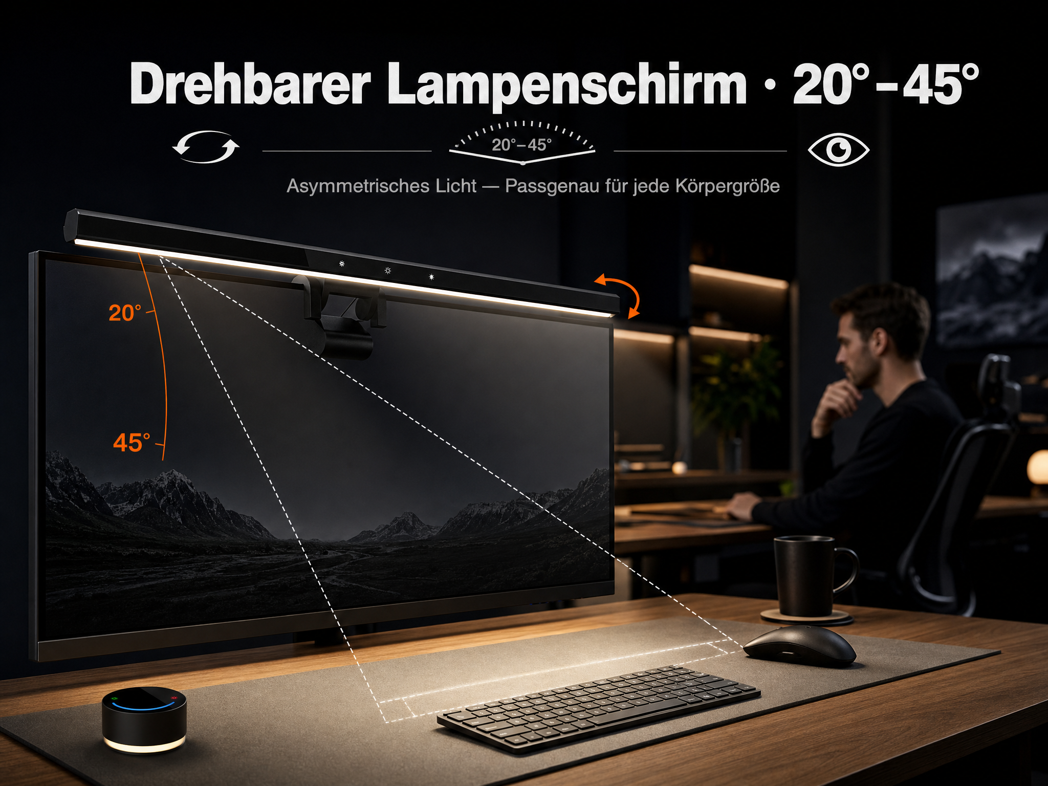 Schreibtischlampe über dem Monitor, die asymmetrisches Licht bietet. Ein Mann sitzt am Schreibtisch.