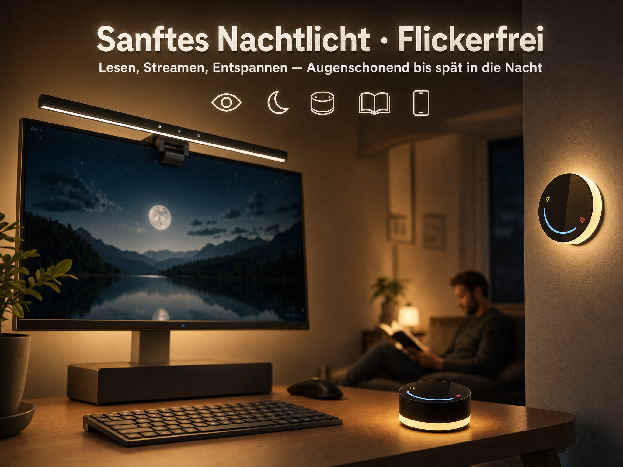 Ein Schreibtisch mit Monitor, Tastatur und Lampe. Ein Mann liest im Hintergrund.