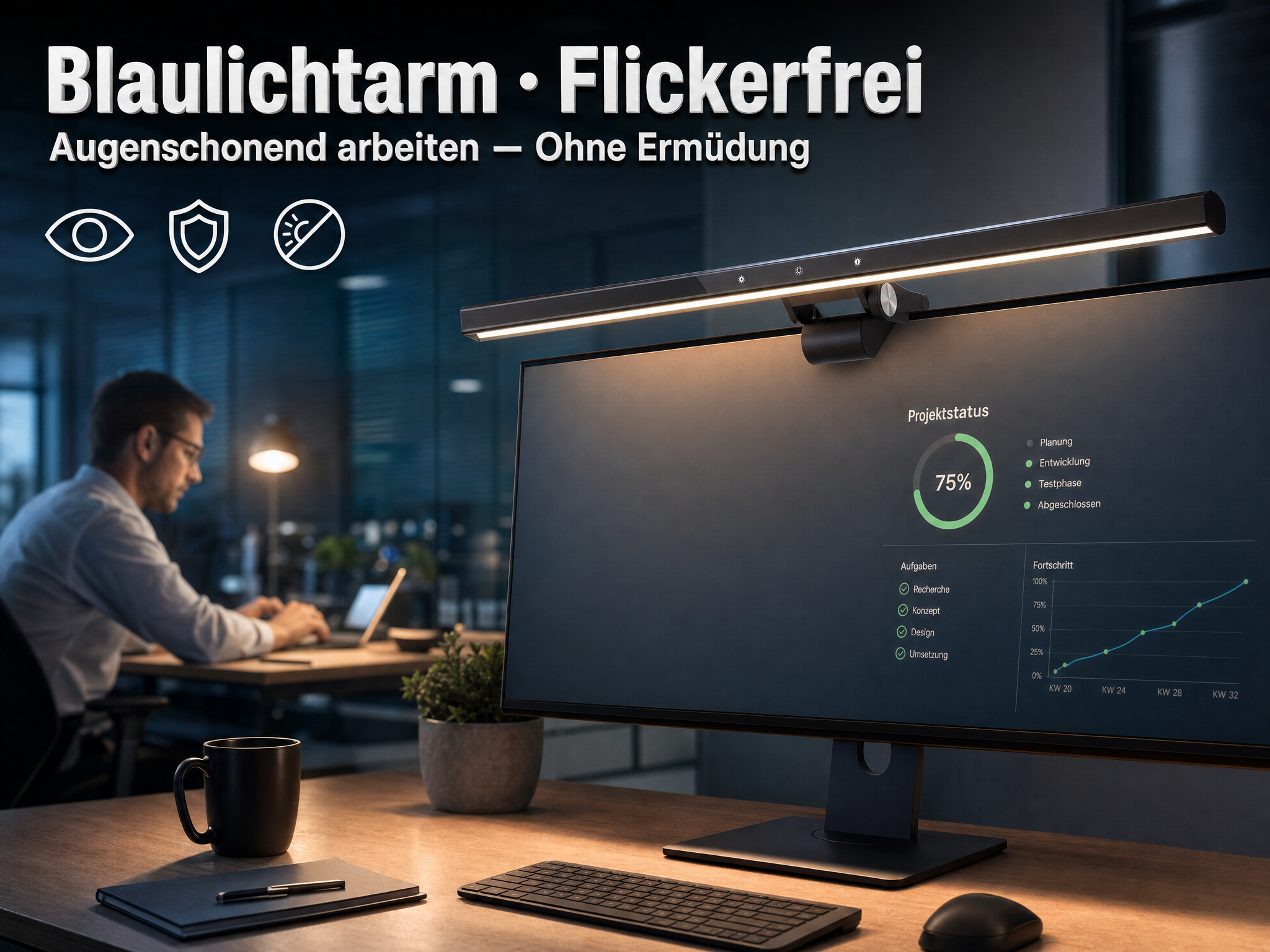 Ein Mann arbeitet am Laptop, eine Schreibtischlampe über dem Monitor.