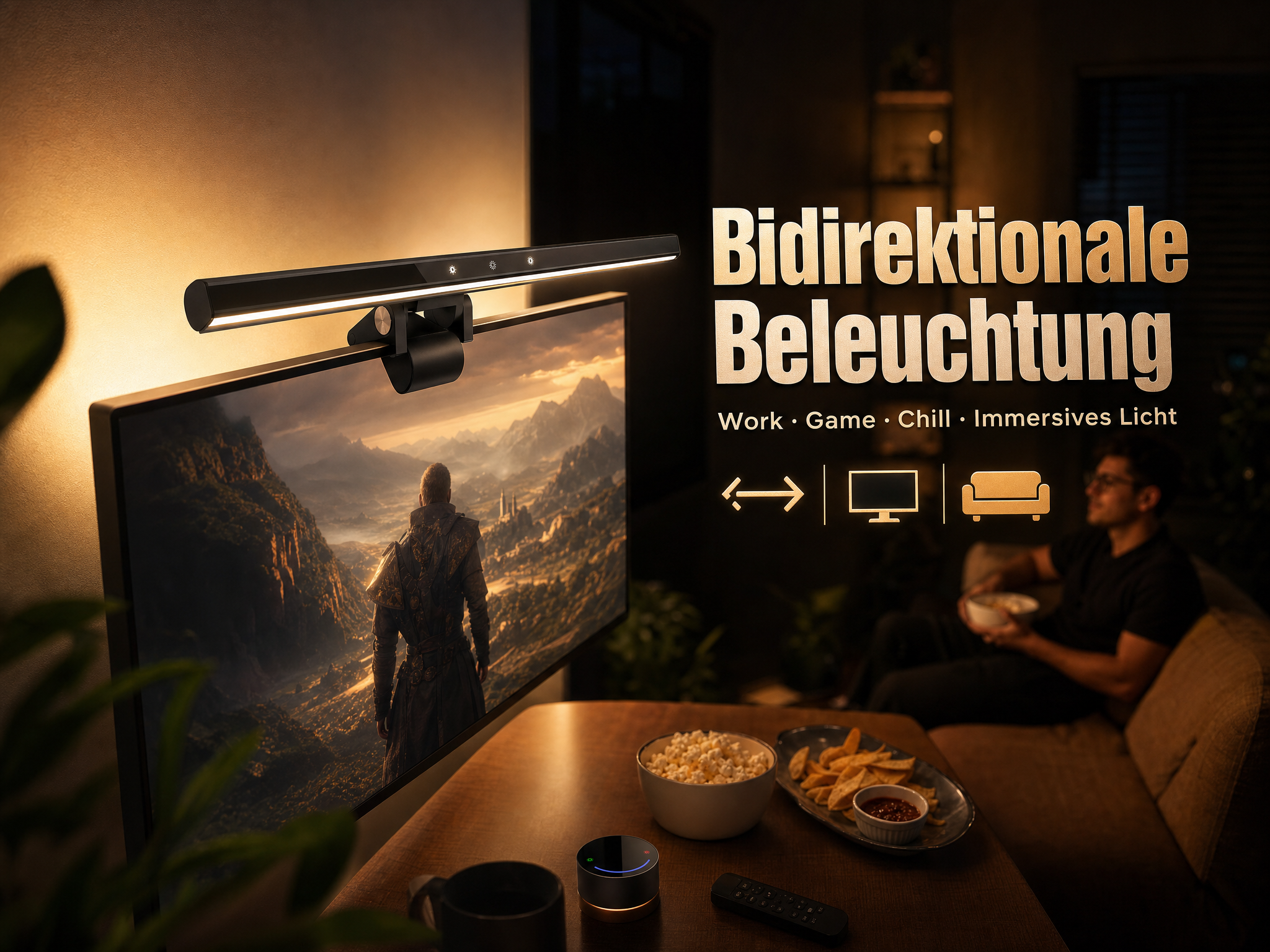 Ein Mann sitzt auf einem Sofa und isst. Ein Monitor beleuchtet.