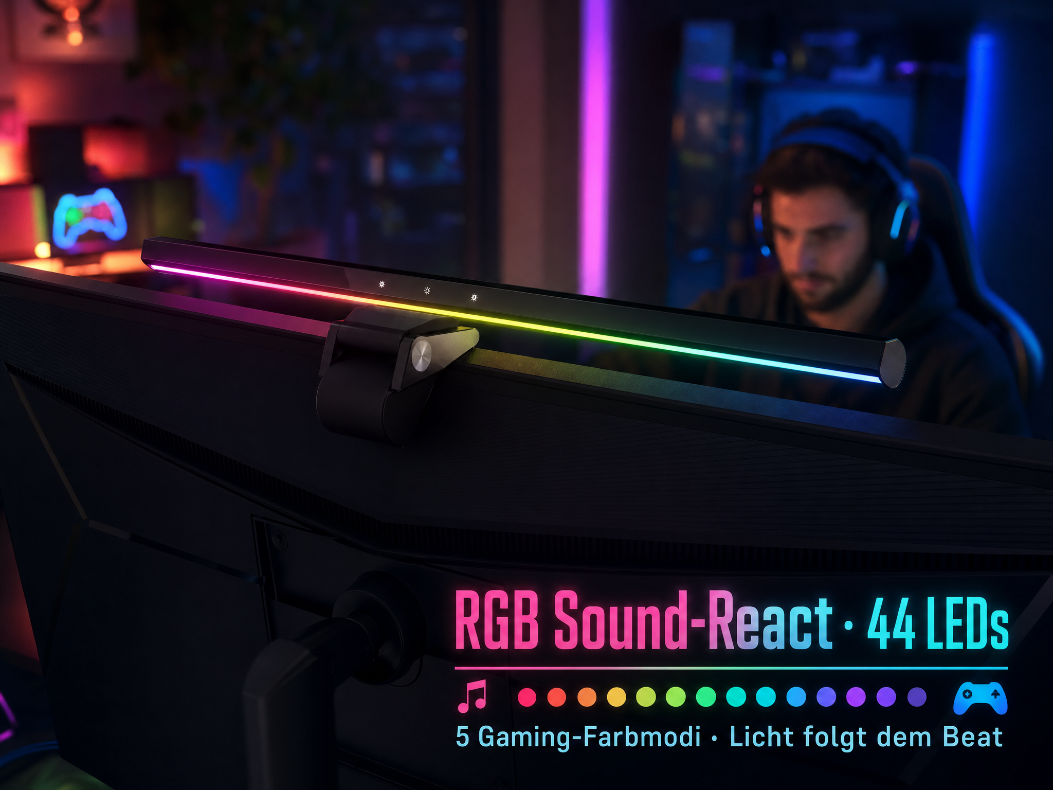 RGB-Monitorlichtleiste mit Farbverlauf, ein Gamer im Hintergrund.