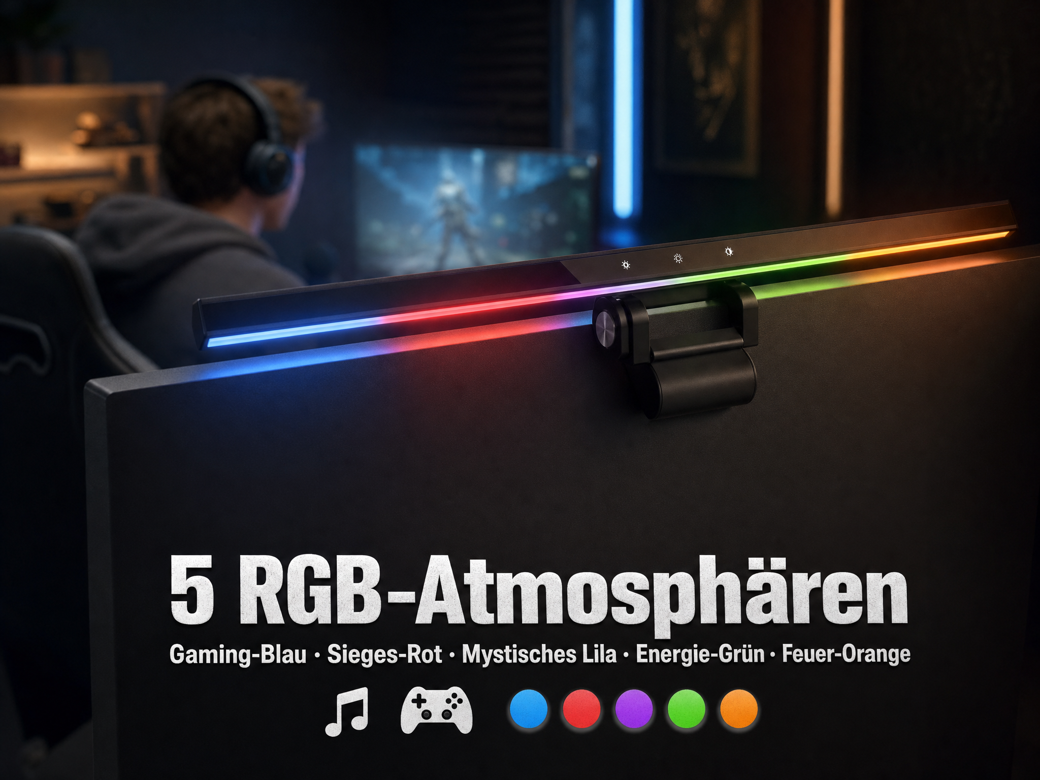 Ein Spieler mit Kopfhörern sitzt vor einem Monitor mit RGB-Lichtleiste.