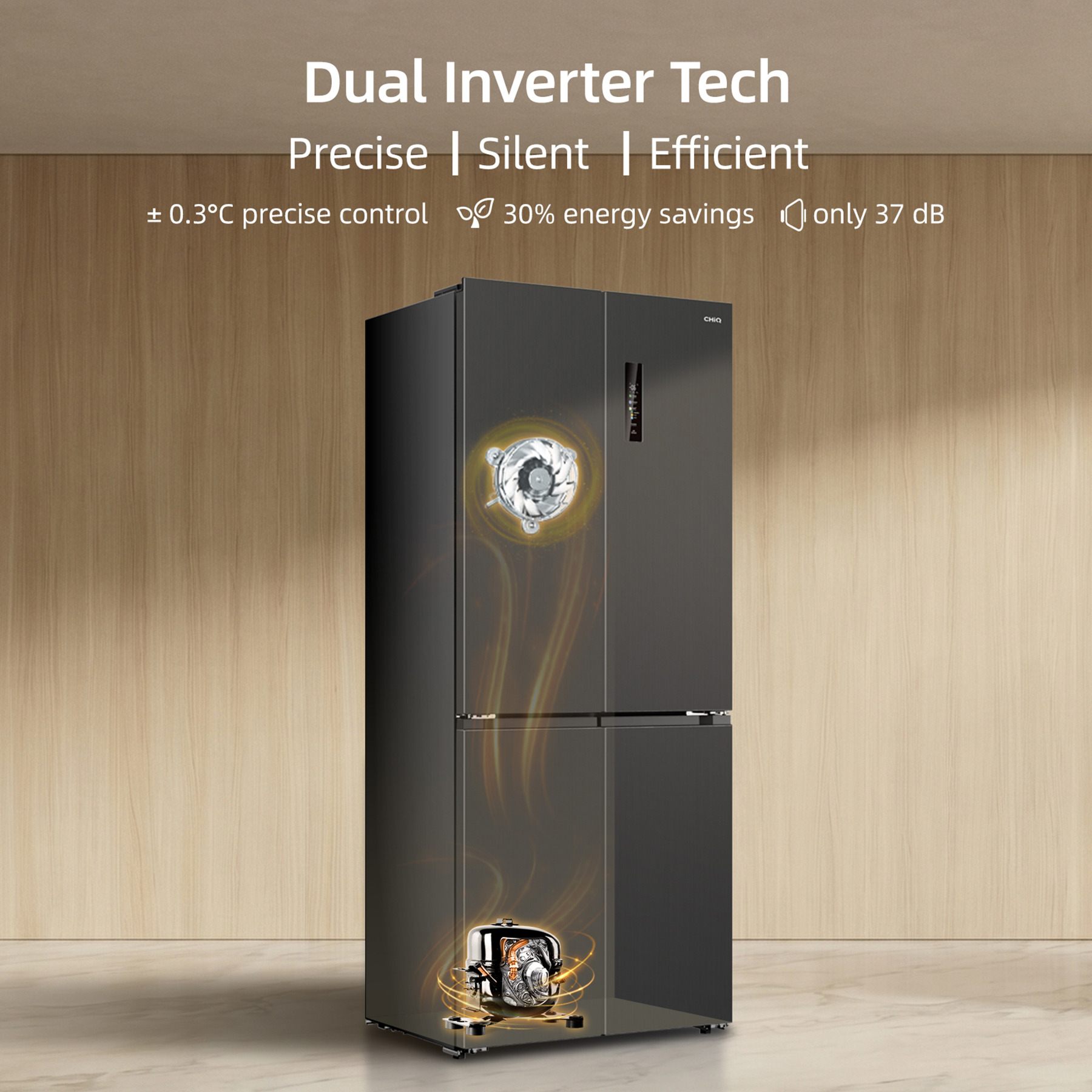 Un frigorifero nero con tecnologia Dual Inverter, controllo preciso e risparmio energetico.