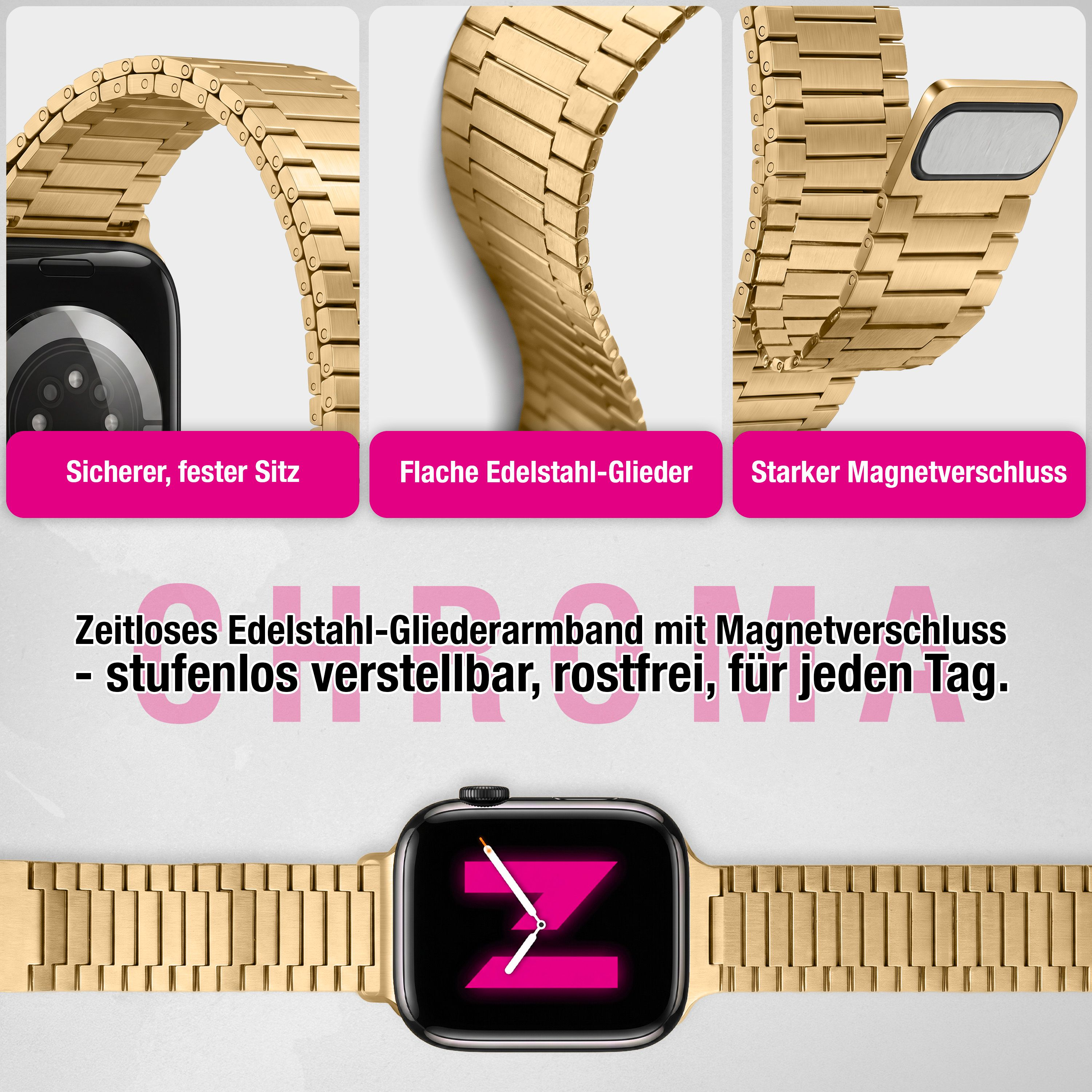Goldene Smartwatch mit Metallarmband und Magnetverschluss. Zeigt Z-Logo.
