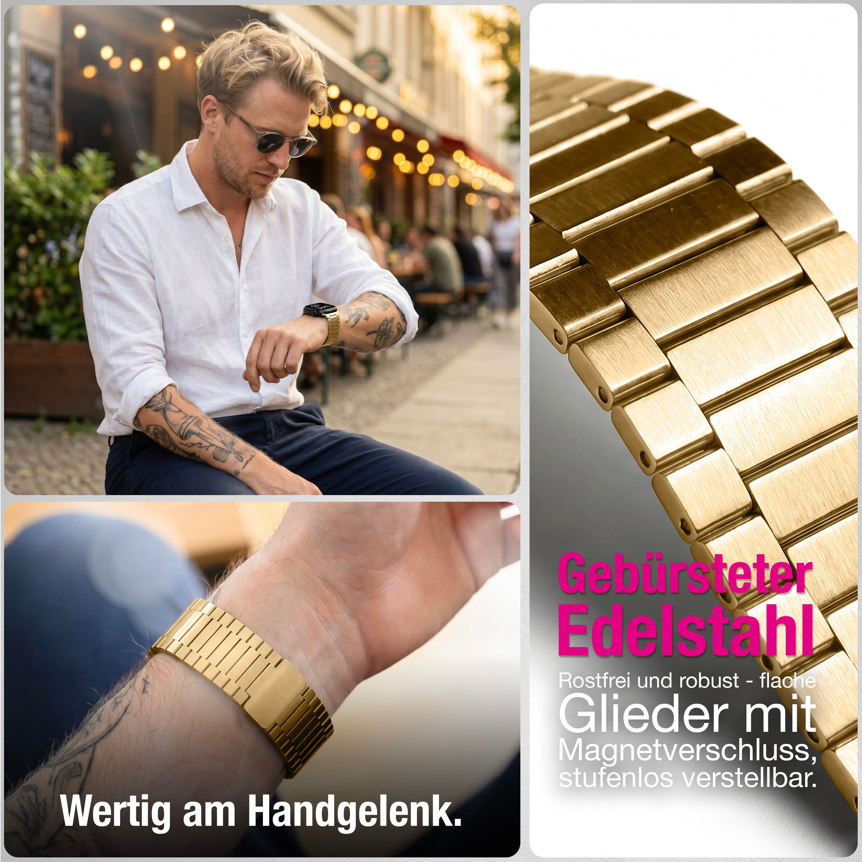 Mann mit Uhr und Armband aus gebürstetem Edelstahl. Nahaufnahme des Armbands.